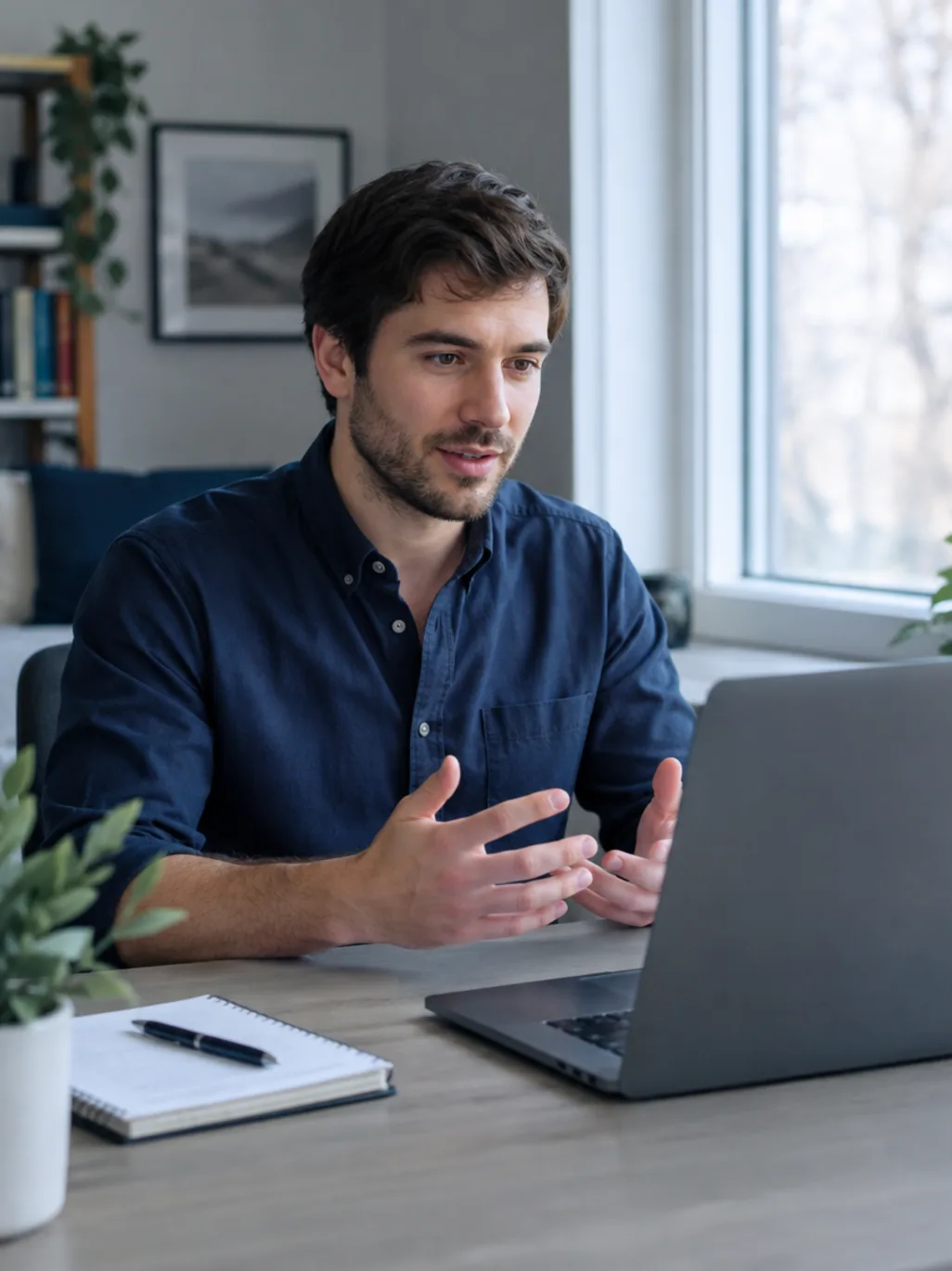 A candidate at a home desk on a video interview.