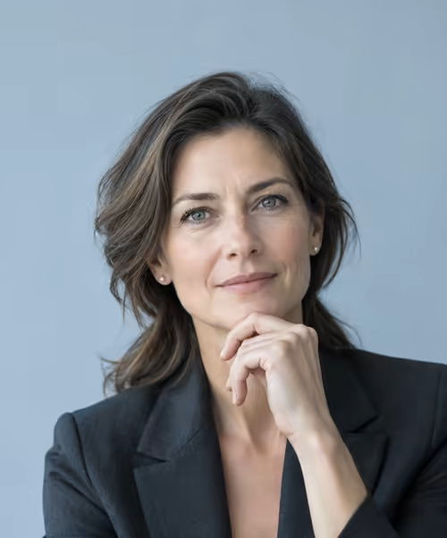 A hiring manager in a charcoal blazer, hand near her chin, thinking.