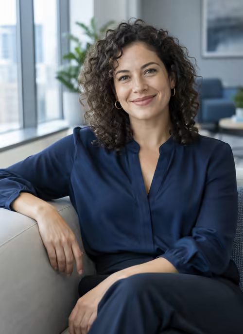 A hiring manager with curly hair, seated on a sofa in an office lounge, smiling.